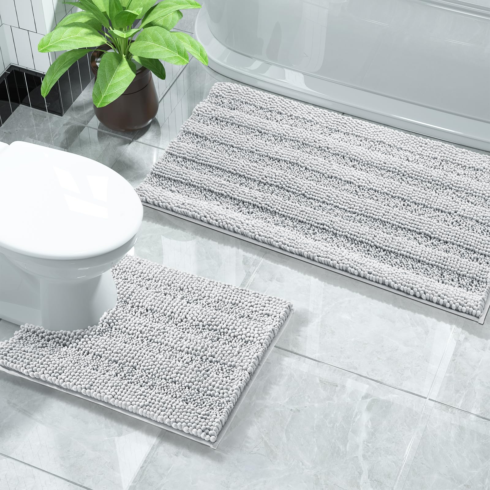 Photo 1 of Yimobra Washable Bathroom Rugs Sets 2 Piece, Non Slip and Absorbent Toilet Mat, Quick Dry, Luxury Microfiber Chenille Fluffy Contour Bath Rugs for Toilet Base (Silver Gray, 20" x 32"+20" x 24")