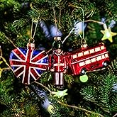 Amanman Hand-Blown Glass London Christmas Ornaments Set of 3, Travel Ornaments for Christmas Tree - Vintage British Soldier, Red Bus & Union Jack Heart Decor