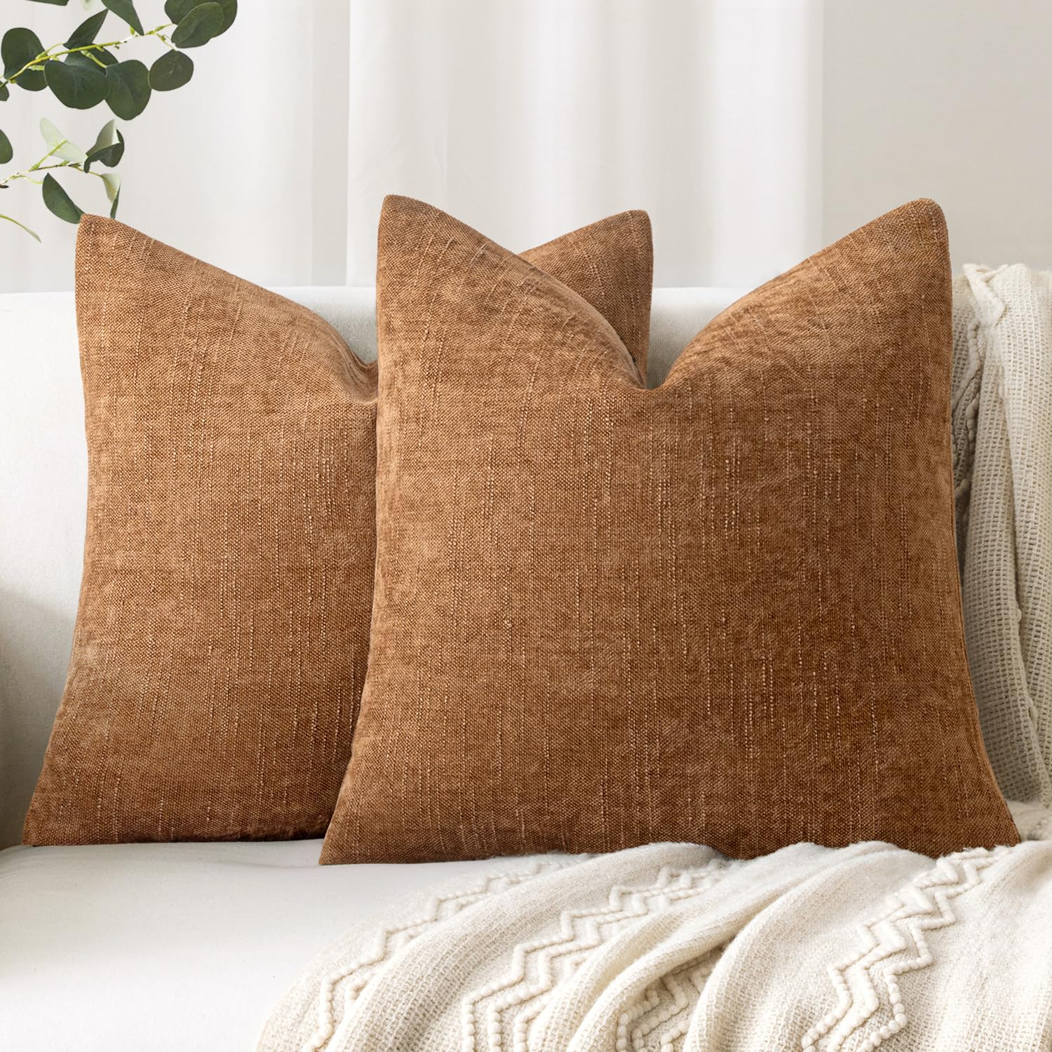Photo 1 of Woaboy Set of 2 Textured Throw Pillow Covers Decorative Soft Accent Square Chenille Pillowcases Neutral Farmhouse Cushions Modern Home Decor for Couch Sofa Bedroom Living Room 22x22 Inch,Khaki