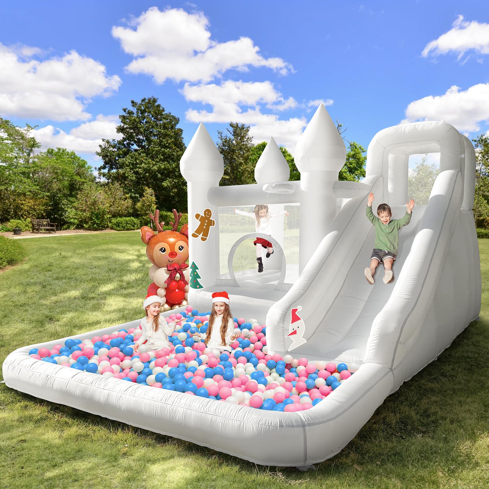 Photo 1 of 14ft Inflatable Water Slide Bounce House, Oxford Water Slide with Slide and Ball Pool/Pit, White Bounce House with Air Blower for Kids Summer Outdoor Fun?with Blower?