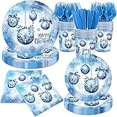 Blue Christmas Decoration Merry Christmas Ball Snowflake Party Tableware Disposable Paper Dessert Plates,Napkins,Cups,Forks Knives for Winter Xmas Holiday Supplies Decor,Serve 24