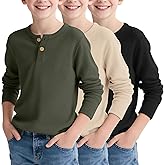 LessonZoo 3 Pack Boy's Henley Long Sleeve Shirts Waffle Thermal Tops 5-14 Years Cotton Blend Knit Sweatshirt for School
