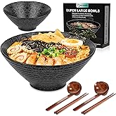 NJCHARMS Ceramic Ramen Bowl Set of 2, 60 oz Japanese Noodle Soup Bowls with Spoons and Chopsticks for Ramen Soup Pho Udon Asian Noodles, Large Noodle Bowls