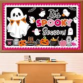 Huzobooby Halloween Bulletin Board Decorations, October Ghost Classroom Set | Pink ghost classroom decorations with pumpkins and bats for October school walls, doors, libraries and hallways