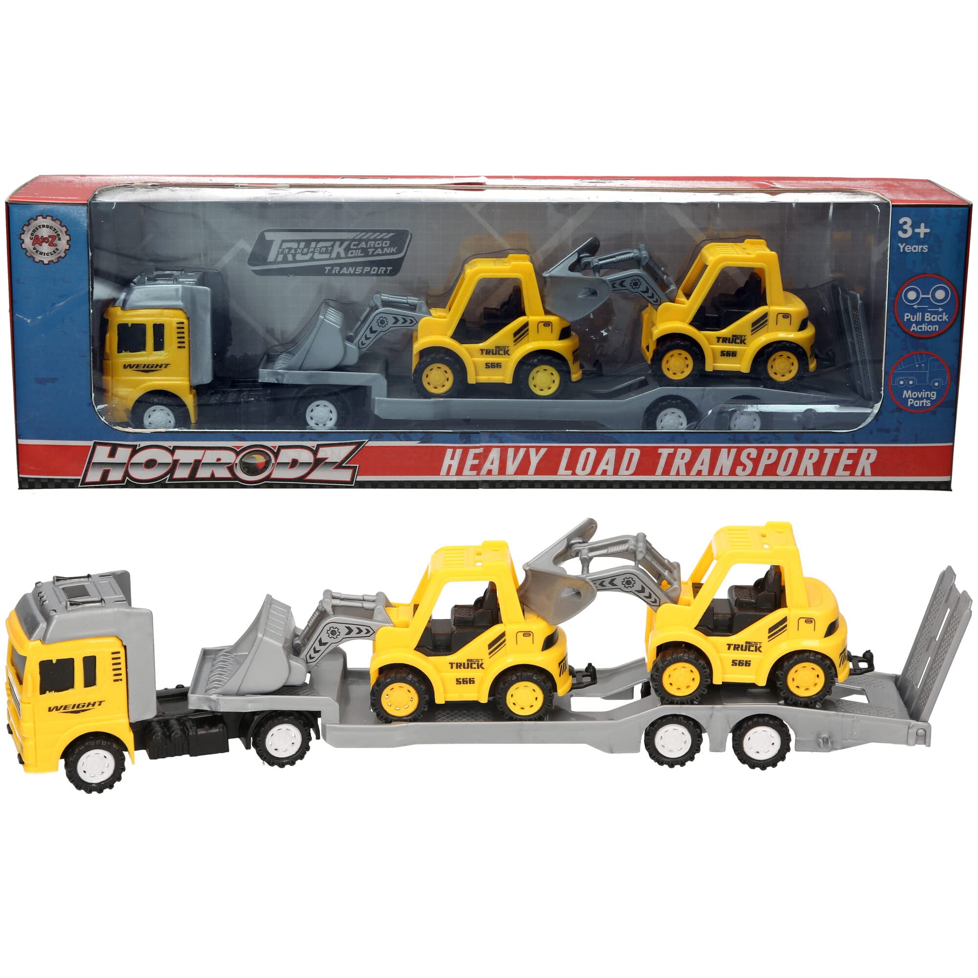 A to Z Hotrodz Heavy Load Transporter Truck Set with 2 Construction Vehicles, Pull Back Action, Moving Parts, Ages 3+