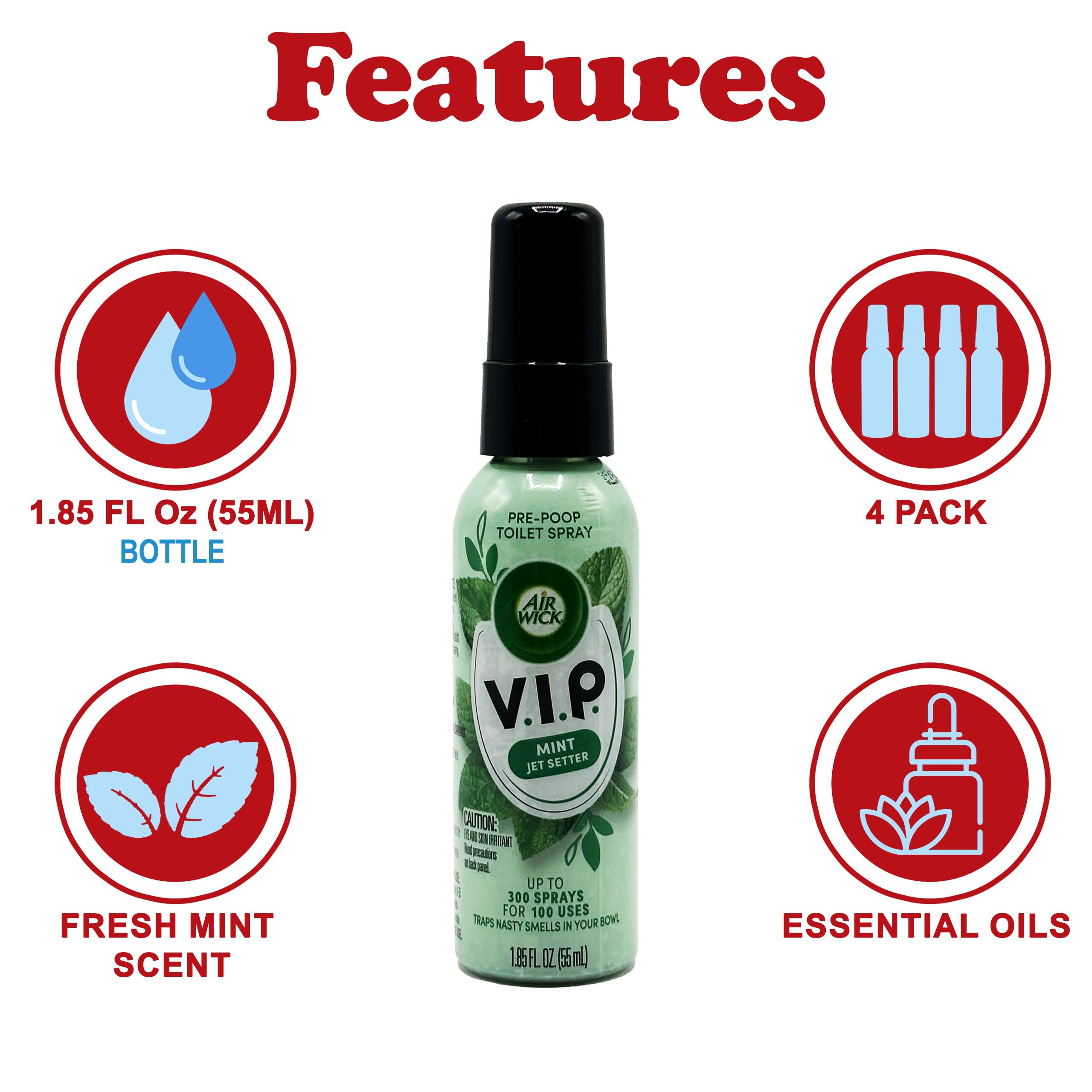Air Wick V.I.P. Pre-Poop Toilet Spray, Mint Jet Setter, Travel Size, Neutralizes Odors, Contains Essential Oils, Fresh Mint Scent Bathroom Spray, 1.85 Oz (Pack of 4)