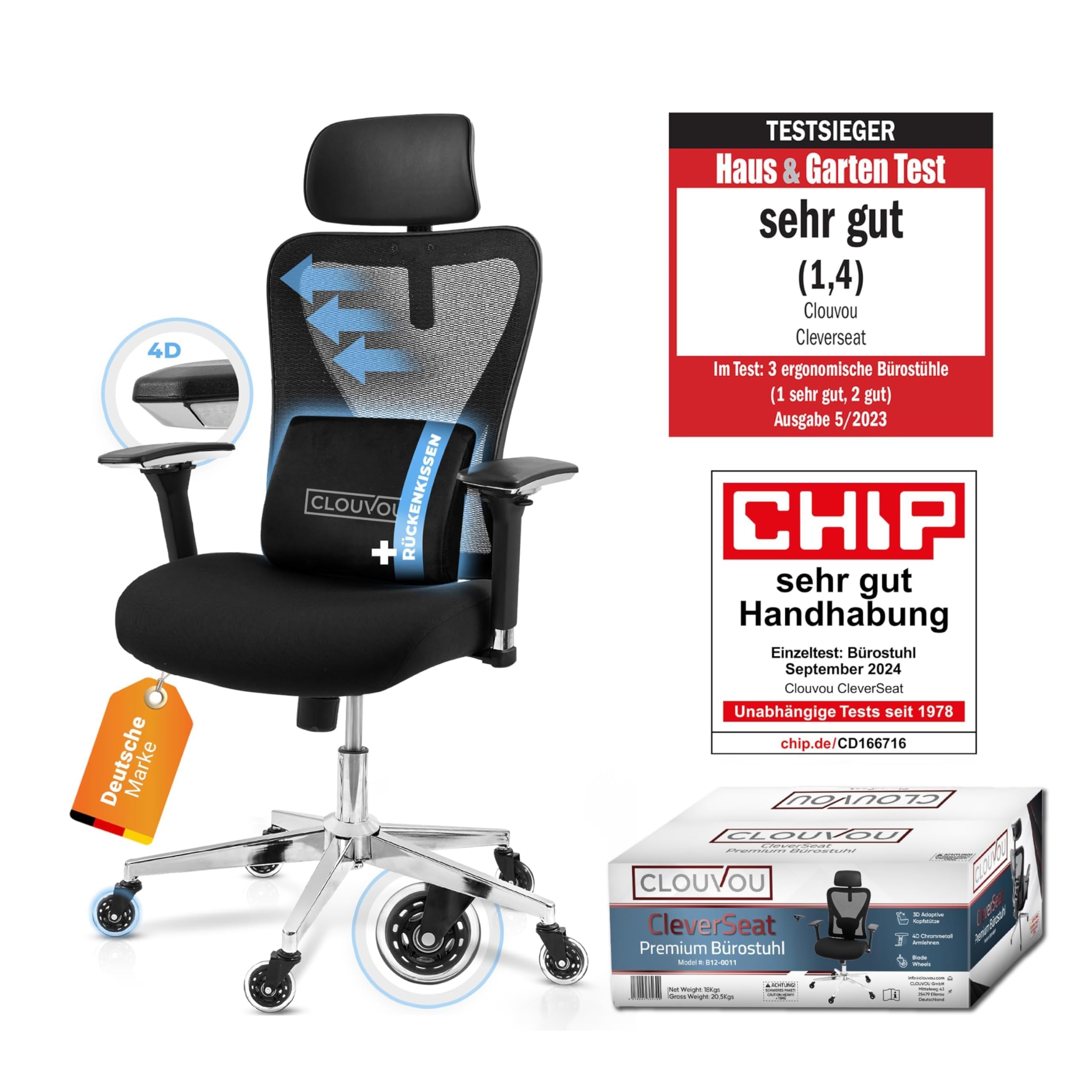 CLOUVOU CleverSeat Bürostuhl Ergonomisch [TESTSIEGER] Schreibtischstuhl 100% individuell einstellbar | Büro Stuhl & Gaming Stuhl | Computerstuhl Home Office Chair Ergonomic | Drehstuhl 150 kg