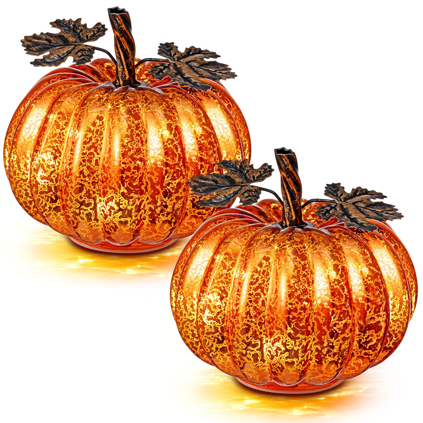 Photo 1 of Glooglitter 2 Pcs Fall Thanksgiving Glass Pumpkin Halloween Light up Lit Mercury Glass Pumpkins Light with Timer LED Battery Operated for Home Table Decor Centerpieces Kitchen