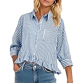 LOMON Womens 3/4 Sleeve Button Down Tops Dressy Casual Collared Shirts Blouses Ruffle Babydoll Tops Loose Fit
