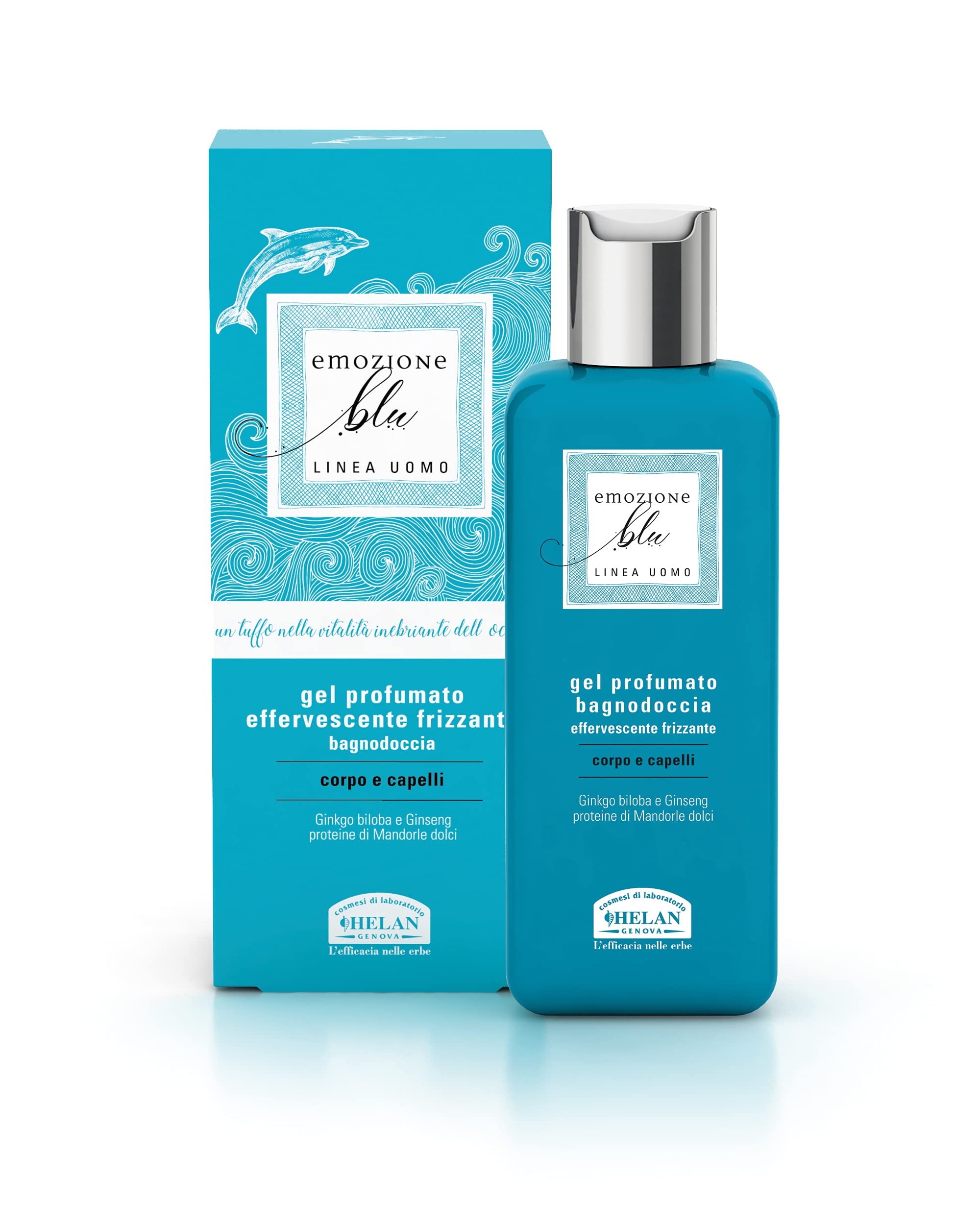 Helan Emozione Blu - Fizzy & Invigorating Mens Shower Gel & Shampoo with Ginseng Extracts & Sweet Almond Proteins - Scented Hair & Body Wash for Sensitive, Easily Reddened Skin - Made in Italy, 200 ml