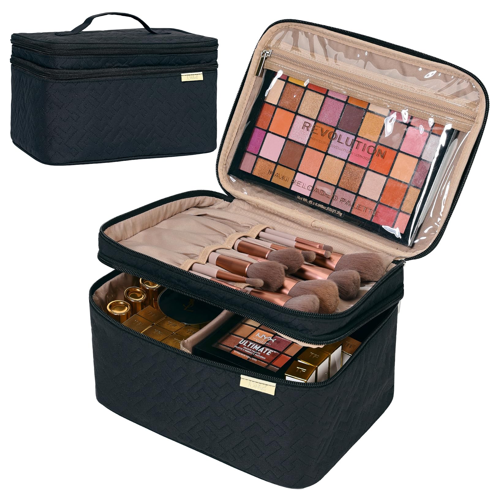 NISHEL Large Double Layer Travel Makeup Bag Women, Cosmetic Case, Organizer for Travel-Size Accessories Bottles, Brushes, Conditioner, and Skin Care Products, Black
