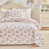 Joyreap Twin Size Quilt Set for Girls, Pink Flowers Design, 2pcs Microfiber Lightweight Quilt Bedding Set, Bedspread Bed Cover for All Season- 68x88 inches