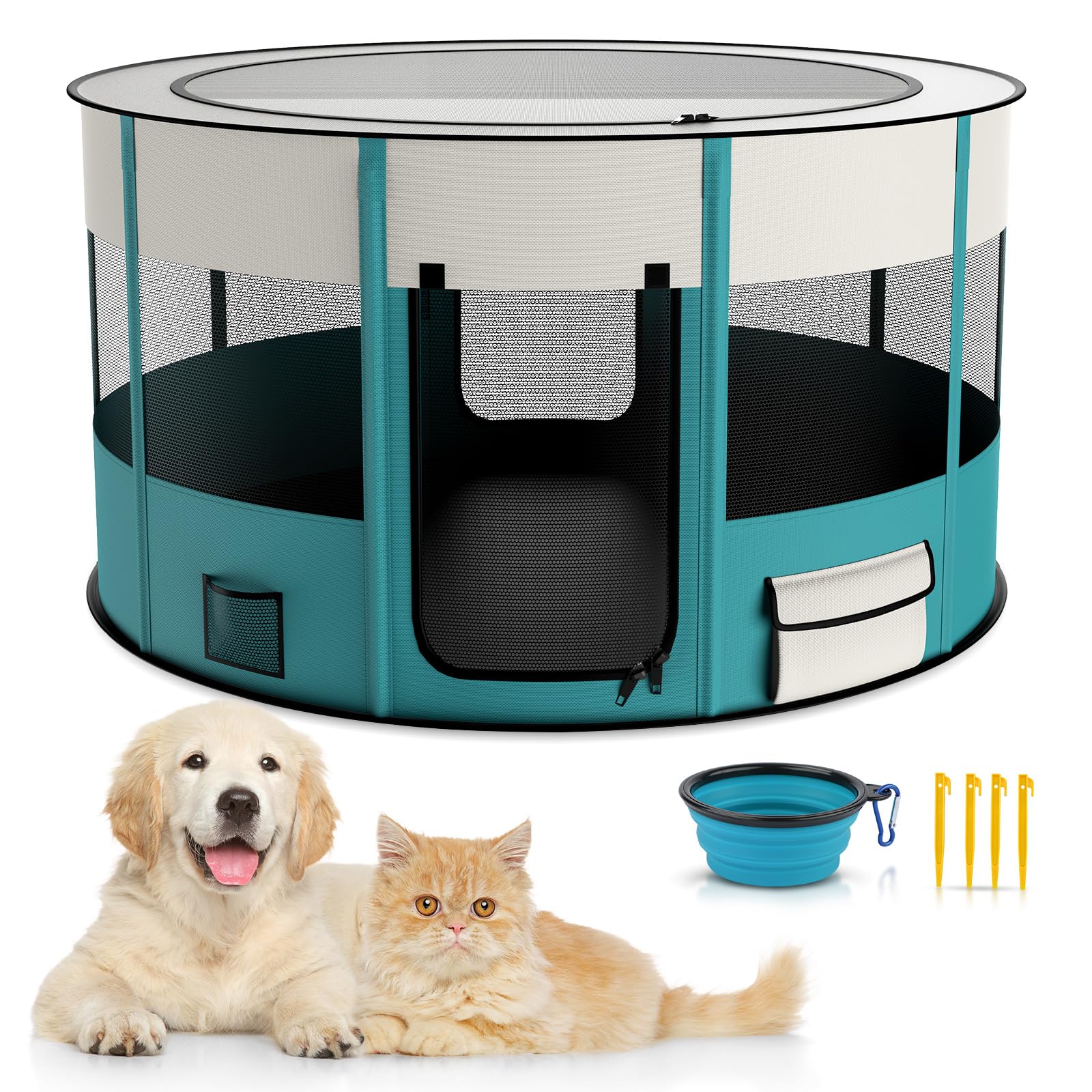 Photo 1 of Foldable Playpen for Dogs, 110cm*110cm Waterproof Portable Dog Cat Crate Pet Exercise Kennel Tent, Puppy Kitten Cage with Shade Cover, Indoor House Outdoor Travel Use for Dog, Cat, Rabbit, Large