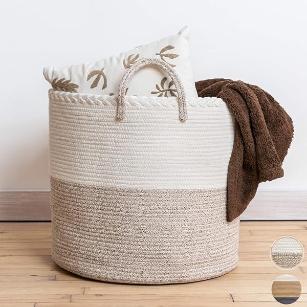 XXL PREMIUM COTTON ROPE BASKET 18″X16″ – LARGE BASKETS FOR STORAGE – WOVEN LAUNDRY BASKET- BROWN FARMHOUSE BASKET -ROPE STORAGE BASKETS – COTTON BASKET FOR LIVING ROOM STORAGE – WICKER BASKET