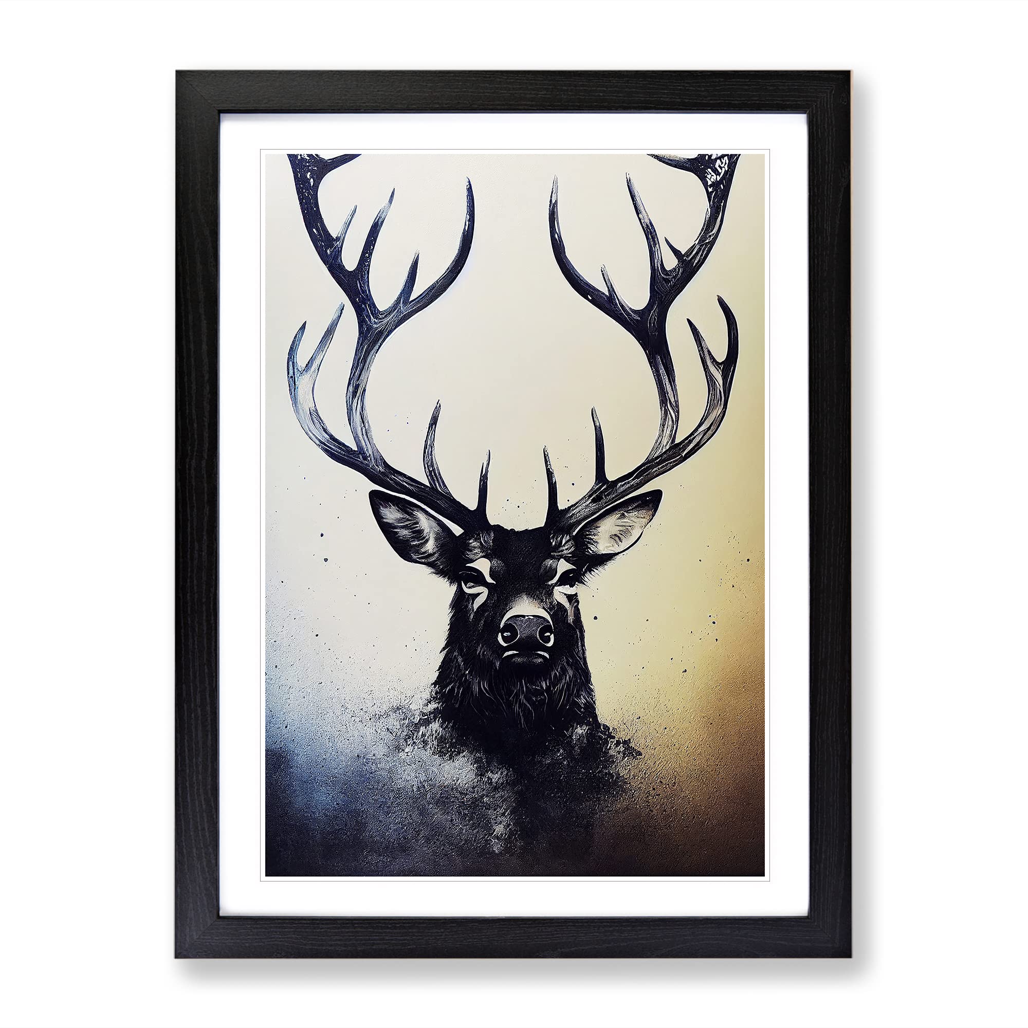 Wild Stag Framed Print | A4 Black Framed Wall Art | Ready to Hang | Modern Animal Picture | Living Room Bedroom Lounge Office