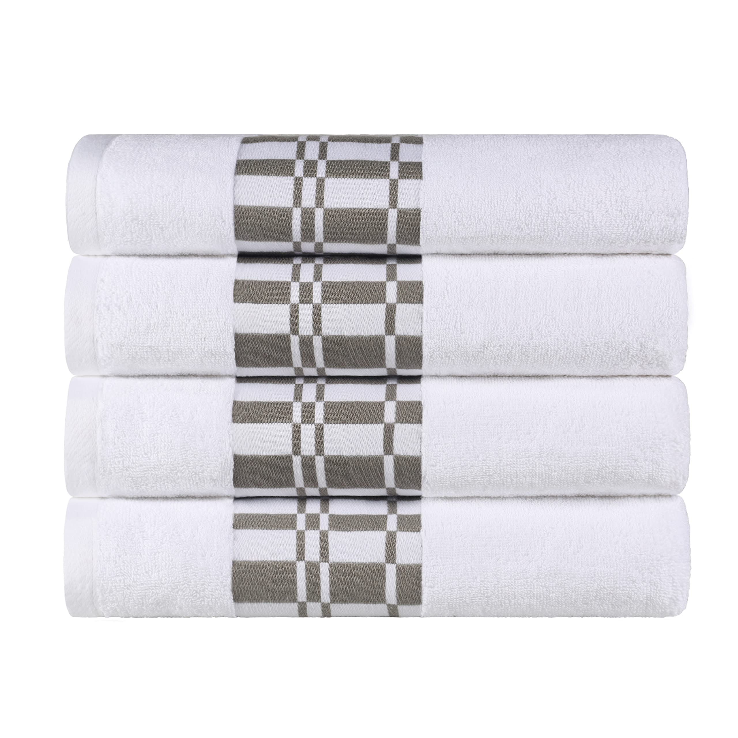 Superior 4-Piece Cotton Bath Towel Set, Geometric Design, Dobby Border, Body Towel for Bathroom, Guest Bath, Spa, Resort, Hotel, Airbnb, Home Essentials, Adult, Kids, Larissa Collection, White