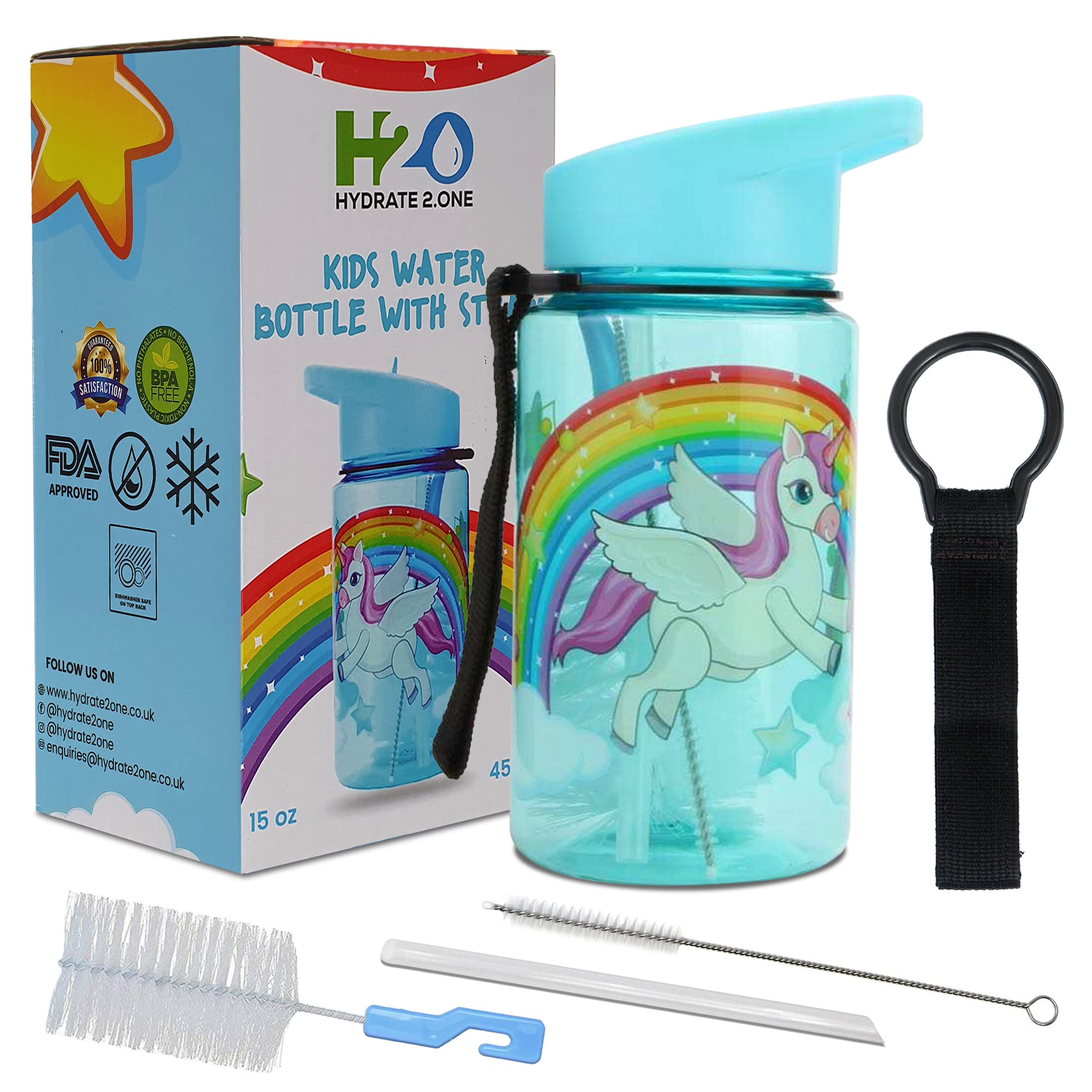 HYDRATE 2.ONE Kids Water Bottles for Boys and Girls with Cleaner Brushes, 400 ml Unicorn Water Bottle 100% Leak Proof | BPA Free | Flip Nozzle Water Bottles with Straw for Hot and Cold Drinks
