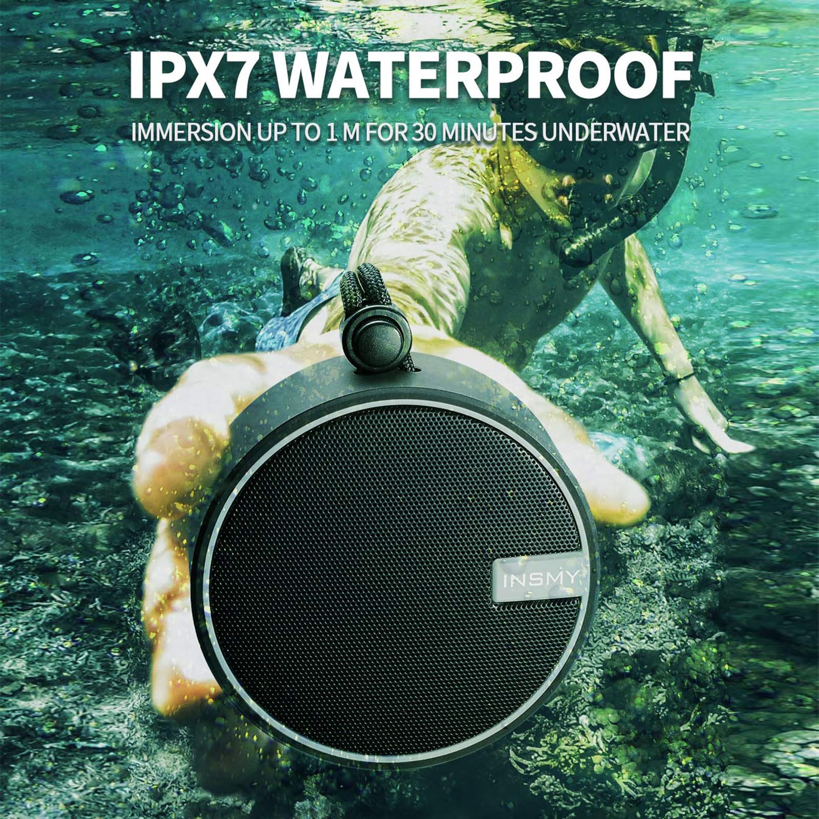 INSMY C12 IPX7 Waterproof Shower Bluetooth Speaker, Portable Small Speaker, Speakers Bluetooth Wireless Loud Clear Sound Support TF Card Suction Cup for Kayak Canoe Beach Gift (Black)