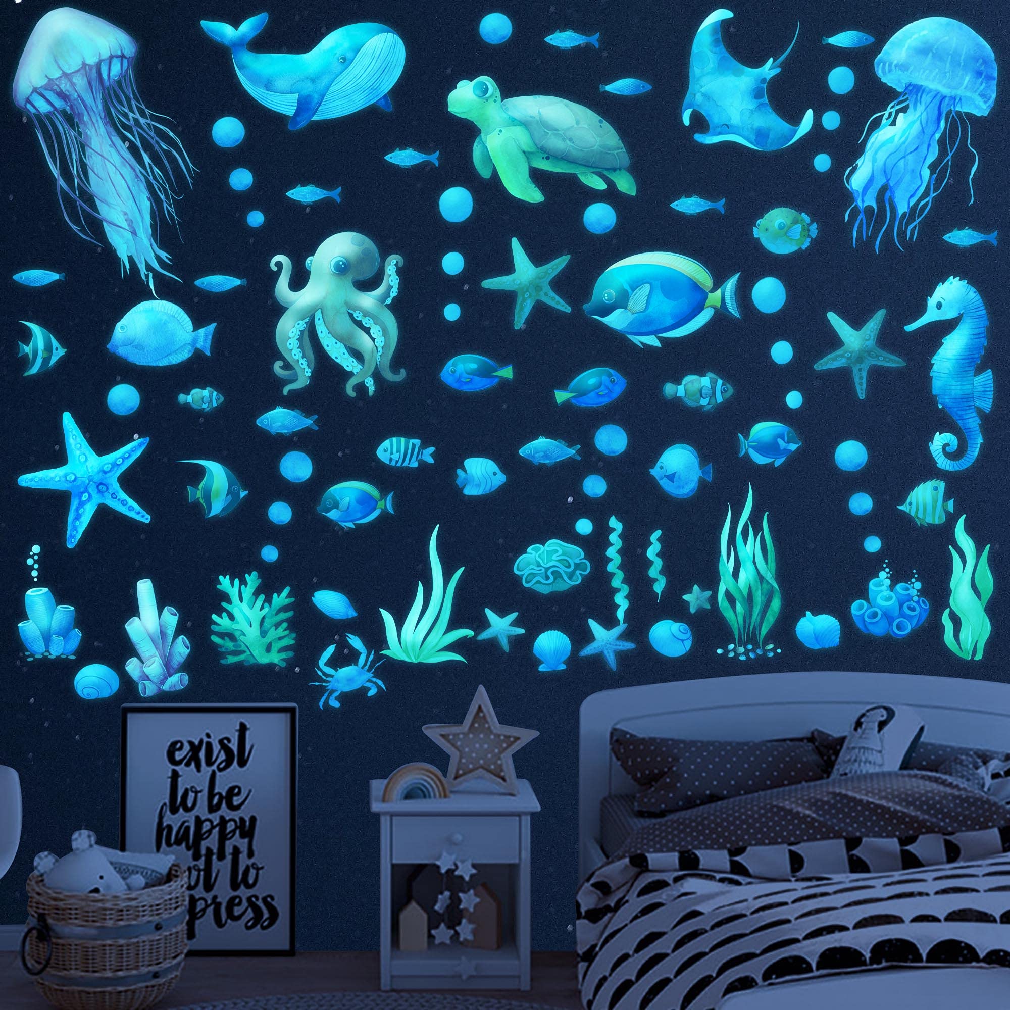 Glow in The Dark Ocean Fish Wall Stickers, Sea Wall Stickers Vinyl Sea Life Wall Decals Removable Waterproof for Boys Kids Bedroom Bathroom Watercolor.