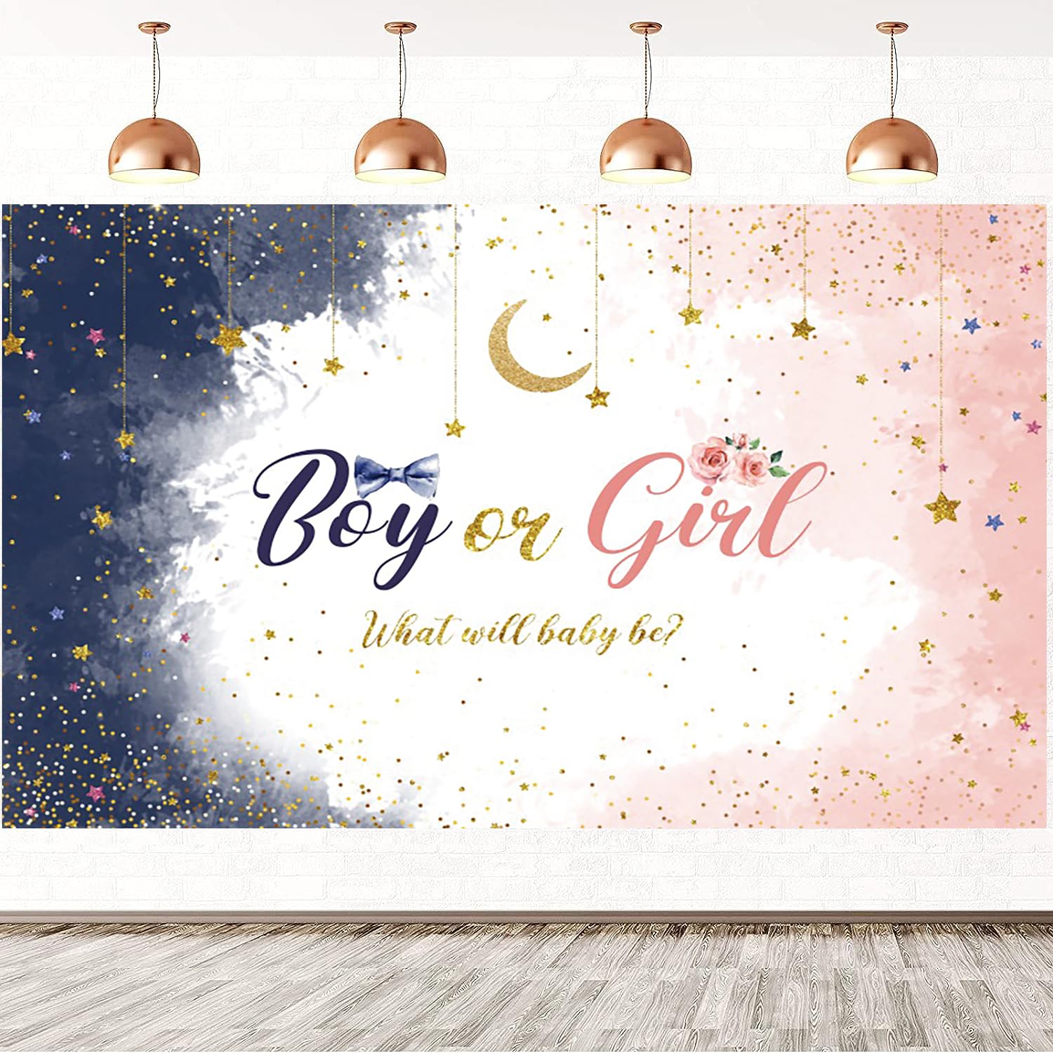 7x5FT Gender Reveal Backdrop Watercolor Blue or Pink Boy or Girl What Will Baby Be Little Star Moon Photography Background Gender Reveal Party Cake Table Decorations Banner Photo Booth Props
