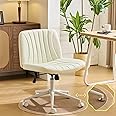 VINGLI Criss Cross Legged Chair,Wide Comfy Office Desk Chair,Dual-Use with/no Wheels Computer Task Chair,Swivel Armless Vanity Rolling Chair for Study,Make Up,Home Office,Cat Scratch PU Leather,Beige