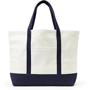 Amazon Essentials Unisex Adults' Large Heavy Duty Canvas Beach Tote Bag, Natural/Navy, One Size