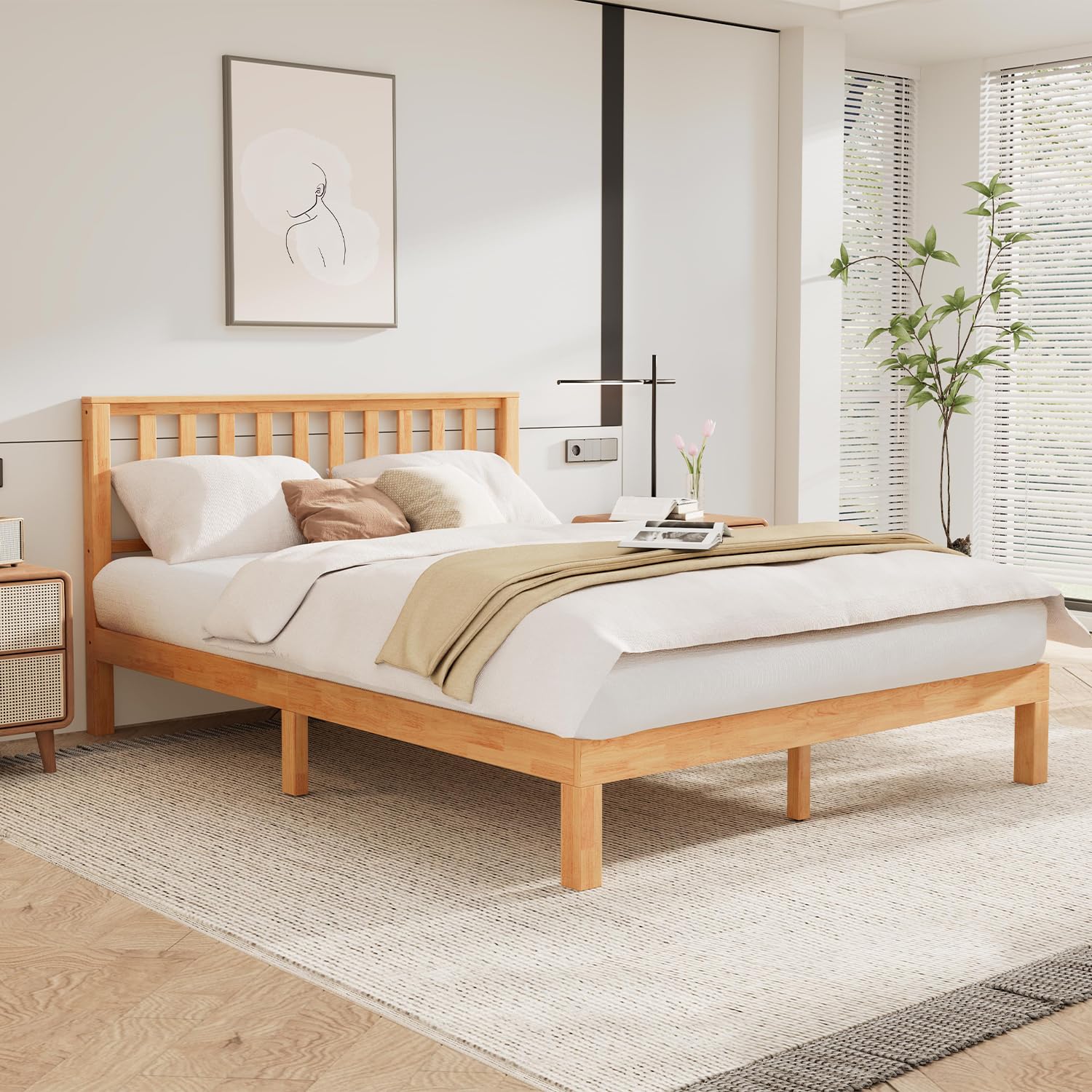 Photo 1 of DELAVIN Queen Bed Frame with Headboard, Wood Platform Bed Frame, Farmhouse Style Bed Frame Queen Size with Slats Support, Malaysian Oak, No Box Spring Needed, Easy Assembly, Rustic Pine