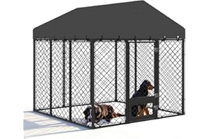 MAISON BACKYARDS 6x6FT Heavy Duty Outdoor Dog Kennel with Roof – Large Dog Enclosure & Weatherproof Dog House, Secure Metal Fence Playpen with Double Lock & Feeding Swivel Door for Big Dogs
