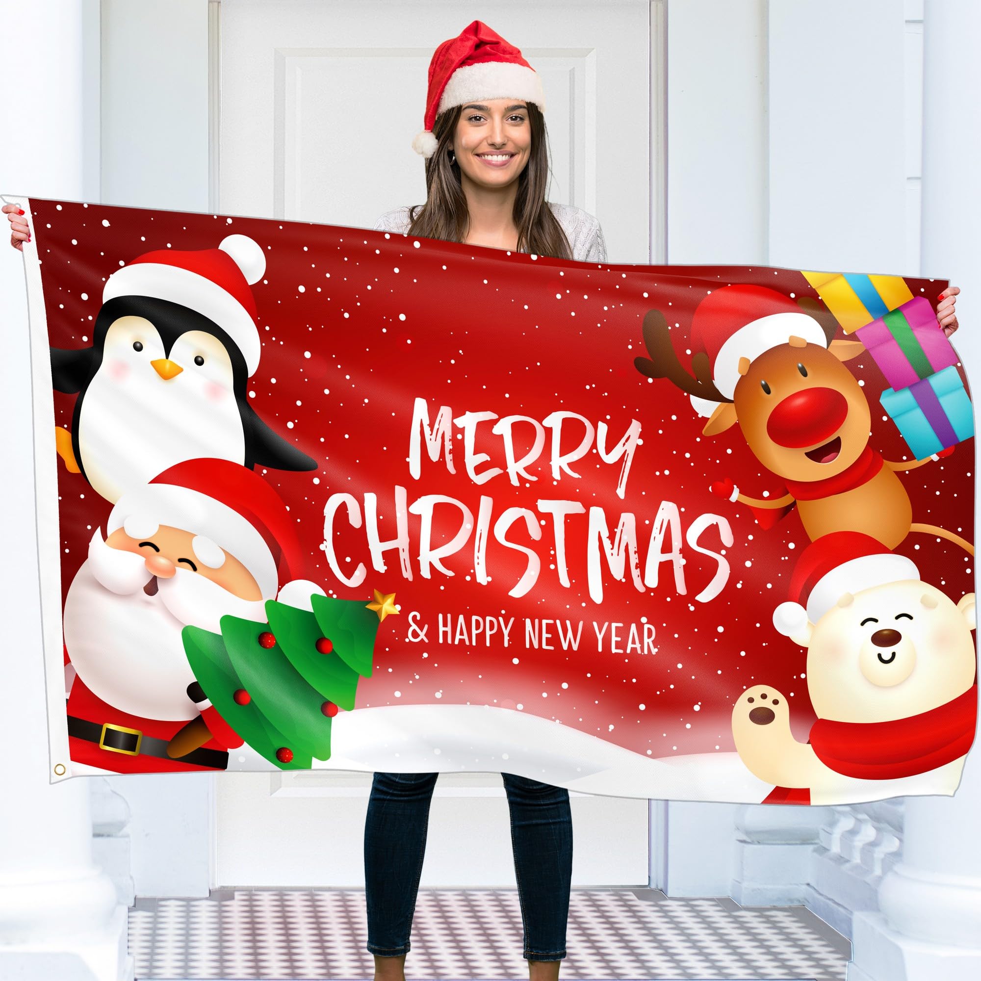 Christmas Flag 5ft x 3ft with eyelets - Christmas Banner Santa Claus - Vivid Digital Print - 110Den Thick polyester - Double Seam