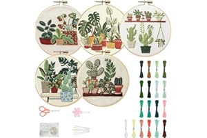 FREEBLOSS 5 Pack Embroidery Kit for Beginners Tropical Potted Plants Stamped Embroidery Starter Kit with Instruction Cross St