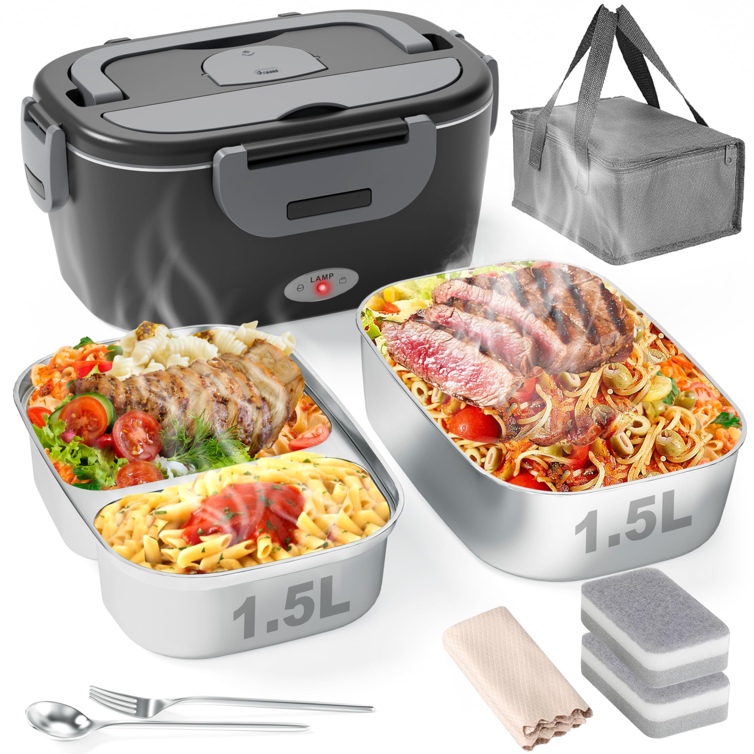 Photo 1 of Geveniss Electric Lunch Box for Men, Women & Adults - 80W Fast Heating - Heated Lunch Box with Dual 1.5L SS Containers - Portable Food Warmer for Car, Truck, Office
