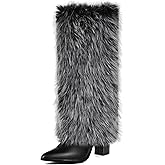 QLR 3.3-inch Chunky Knee High Fur Heel Boots Furry Fuzzy Fluffy Pointed Toe Boots for Women, Tall Long Wide Calf Boot with Side Zipper Fall Winter Snow Fold Over