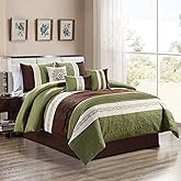 Grand Linen 7 Piece Full Size Sage Green, Chocolate Brown, White Scroll Embroidery Bed in A Bag Down Alternative All Seasons Comforter Set. Perfect Bedding for Any Bedroom, Dorm or Guest Room