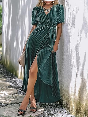 BerryGo Women's Holiday Semi Formal Velvet Wrap Dress Prom Cocktail Short  Sleeve Long Maxi Dress for Wedding G
