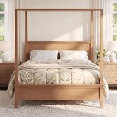Merax King Canopy Bed Frame with Headboard, 4-Poster Platform Bed | King Wooden Poster Bed, Farmhouse Style, Tapered Legs, No Box Spring Needed, 10 Wood Slats, Seadrift