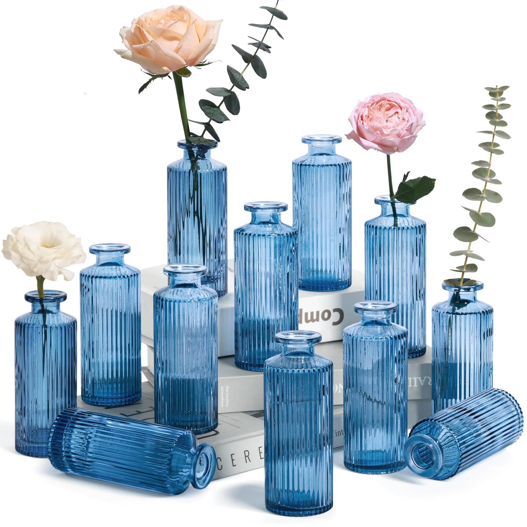 ComSaf Glass Bud Vases Set of 12, Small Bud Vase in Bulk, Mini Flower Vase for Centerpiece, Vintage Decorative Vase Set for Flowers, Wedding Reception, Christmas, Home Decor (Grey Blue)
