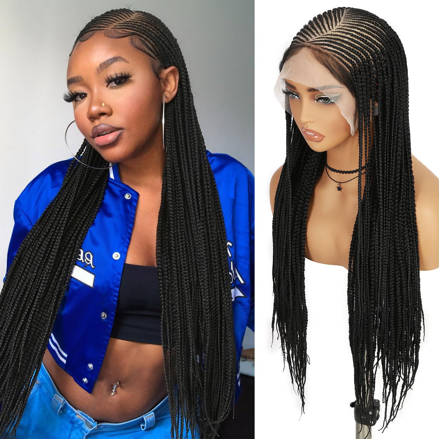 Photo 1 of 32 Inch Cornrow Braided Wig 13x8 HD Lace Front Wig with Baby Hair Pre Plucked Glueless Side Part Box Braided Wig for Black Women