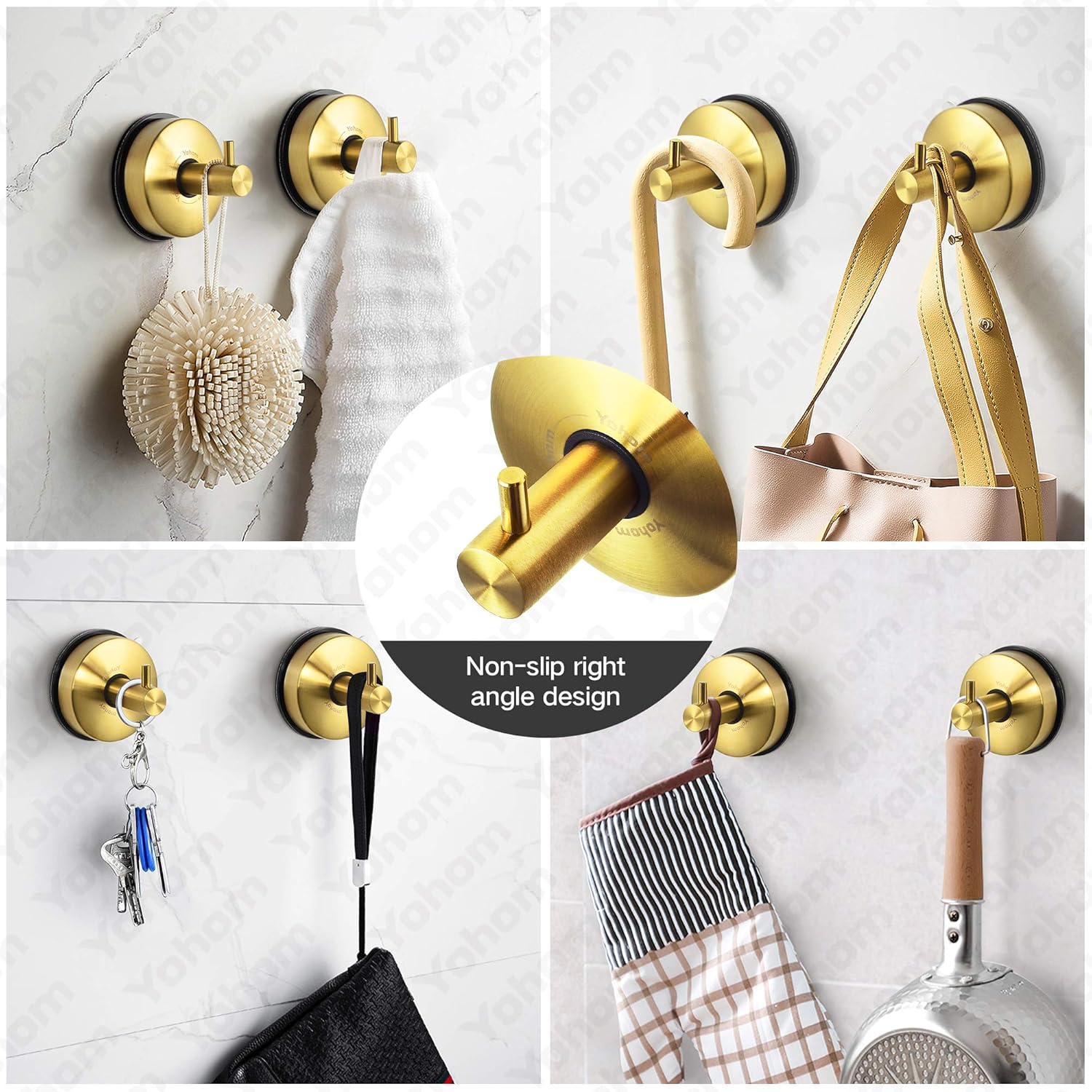 Yohom 2Pcs Vacuum Suction Cup Towel Hooks for Shower Bathroom Suction Hook Towel Holder Rack Kitchen Organizer for Robe Loofah Coat Stainless Steel Brushed Gold - - 