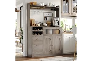 FACBOTALL Kitchen Pantry Storage Cabinet with Hutch, Buffet Cabinet with Storage, Coffee Bar Cabinet with Power Outlets, Microwave Stand, Wine Racks, Kitchen Cupboard for Dining Room, Wash Gray