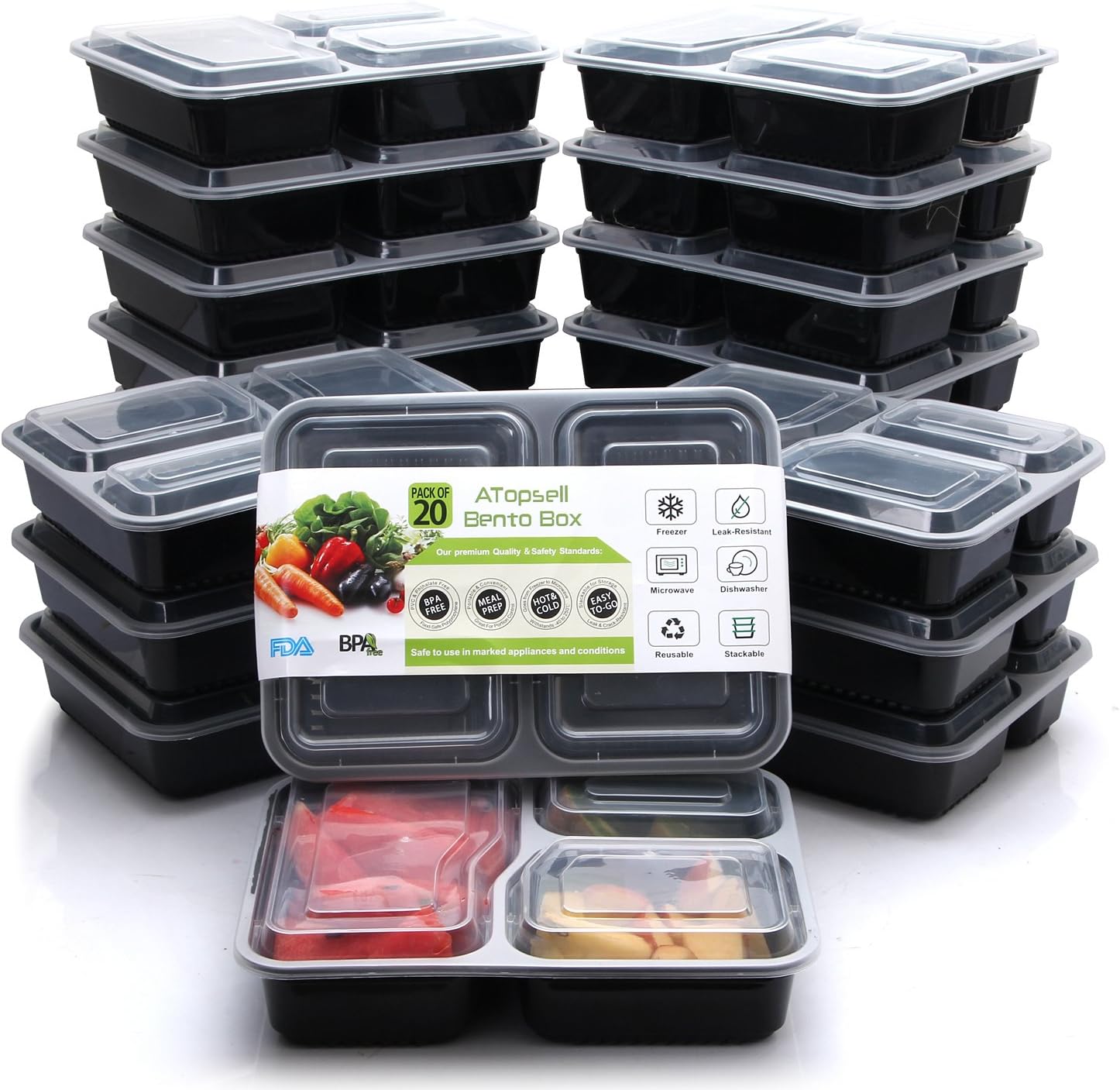 Atopsell 3 Compartment Food Two Color BPA Free 40oz Containers With Lids for Meal Prep Reusable Bento Lunch Box, Stackable Food Storage Microwave and Dishwasher safe (20 pcs)