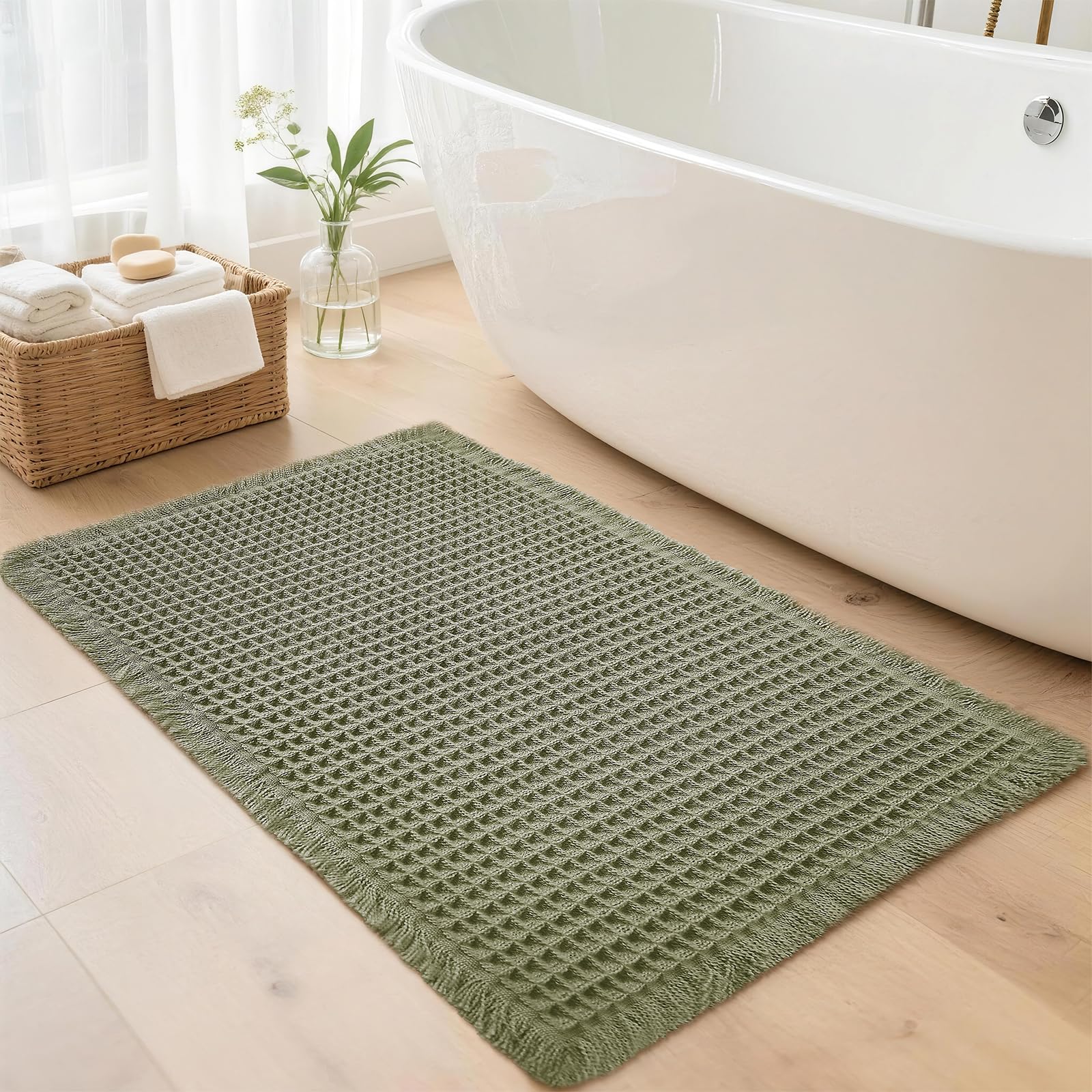 Lunofox Waffle Bathroom Rugs, Super Absorbent Boho Bath Mats, Non-Slip Shower Mats for Bathroom Floor and Tub, Ultra Soft Waffle Weave Runner Mat, Quick Dry, Olive Green, 24x36 Inch
