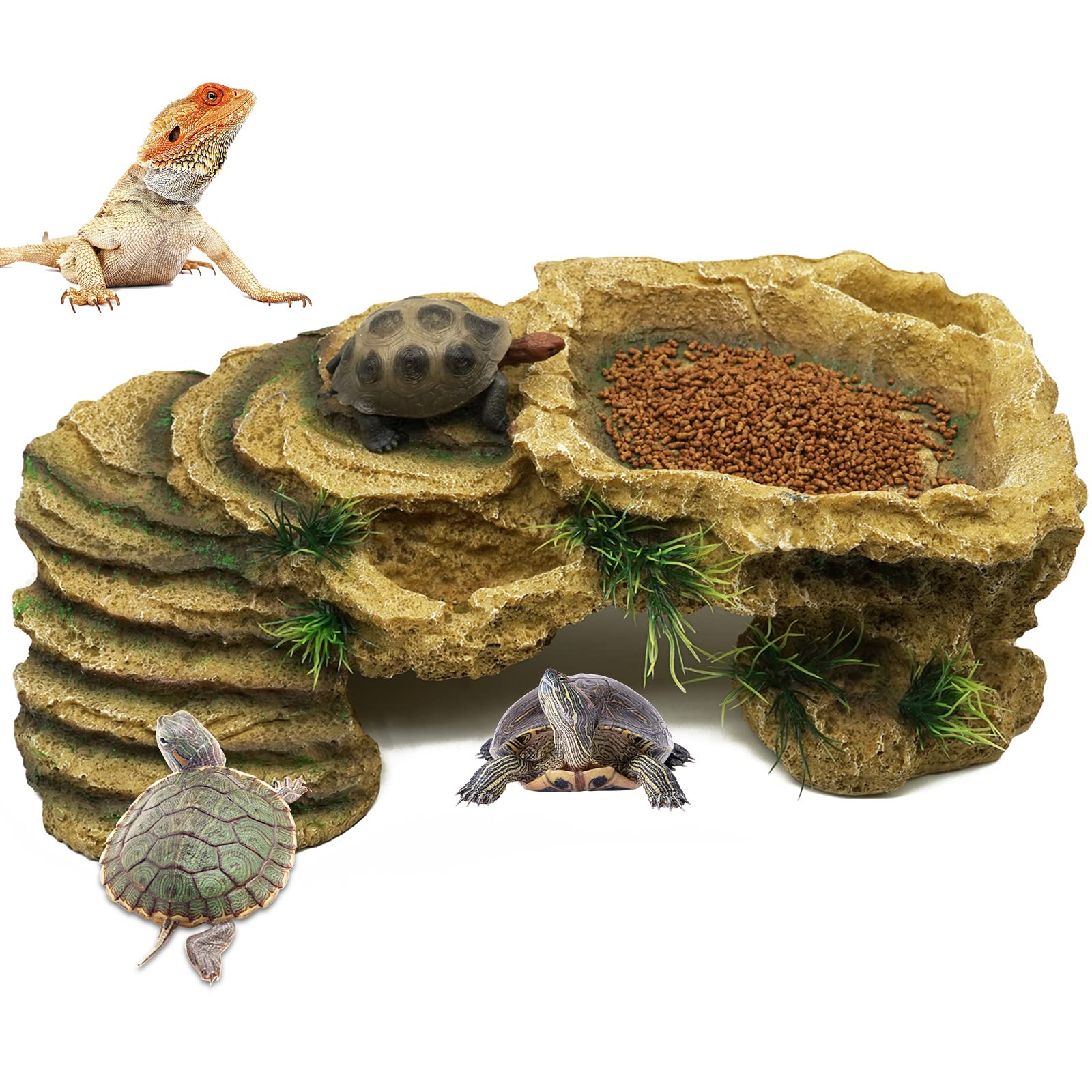 BREUAILY Turtle Basking Platform Large Resin Tortoise Cave Hole Reptile Resting Terrace Shelter Habitat for Bearded Dragon Lizards Fish Amphibians