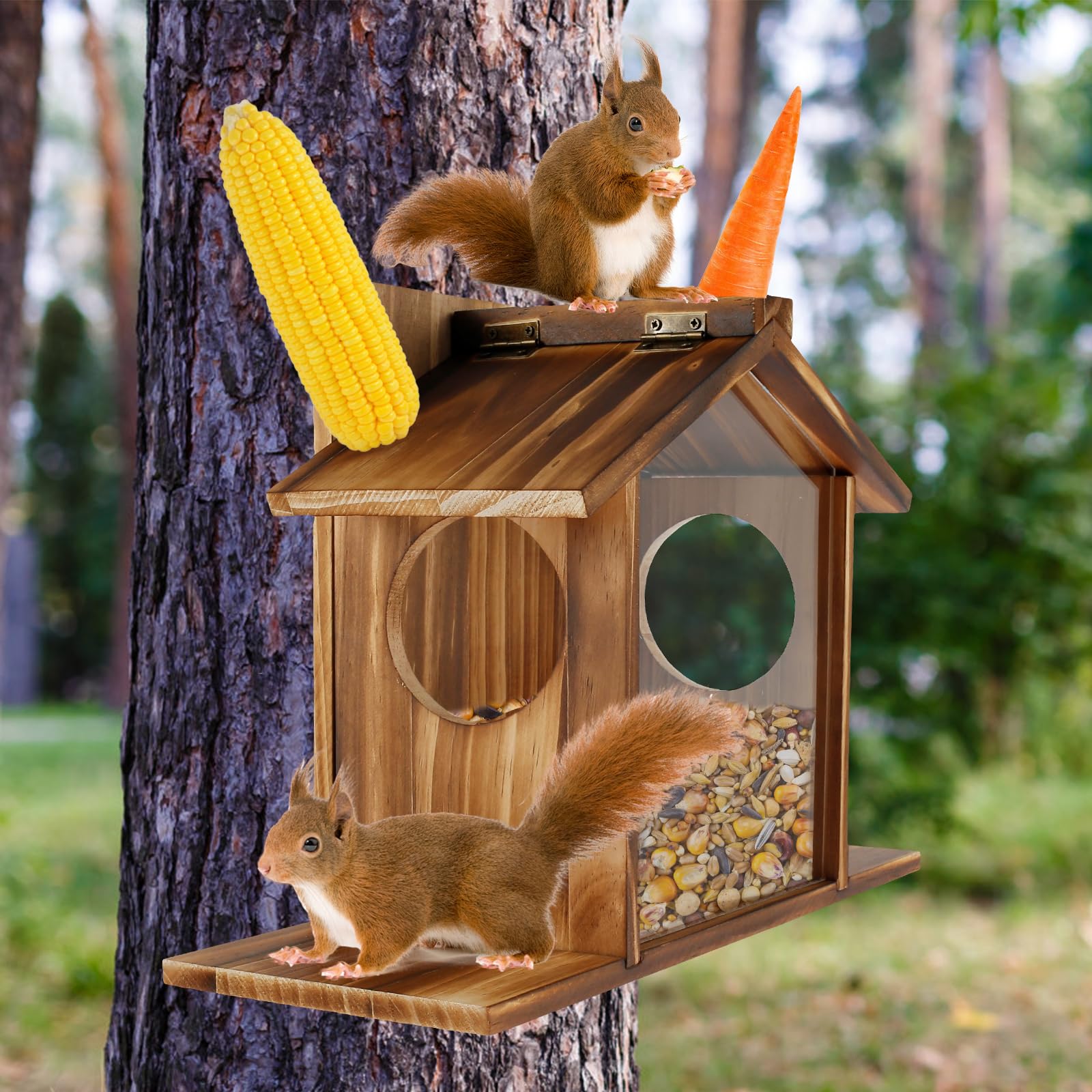 Wooden Squirrel House and Feeder for Outdoor Winter Garden, Backyard - Waterproof, Easy to Assemble and Refill (Style A)