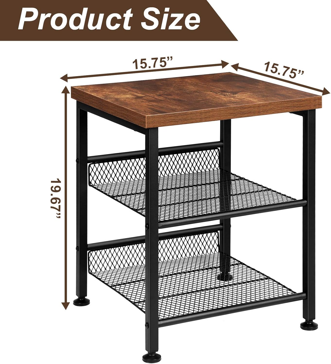 Tomcare 2 Pack End Table Nightstands 3 Tier Side Tables Set Night Stands with Metal Mesh Storage Shelves Industrial Night Tables with Metal Frame Solid Wood Small Tables for Living Room Bedroom: Home & Kitchen