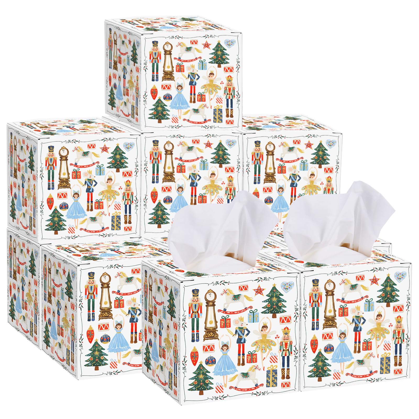 Photo 1 of 12 Pcs Christmas Facial Tissues Cube Boxes Napkin Cover Watercolor Nutcracker Square Tissues Cube Boxes 600 Sheets Napkins for Xmas Holiday Home Car Accessories