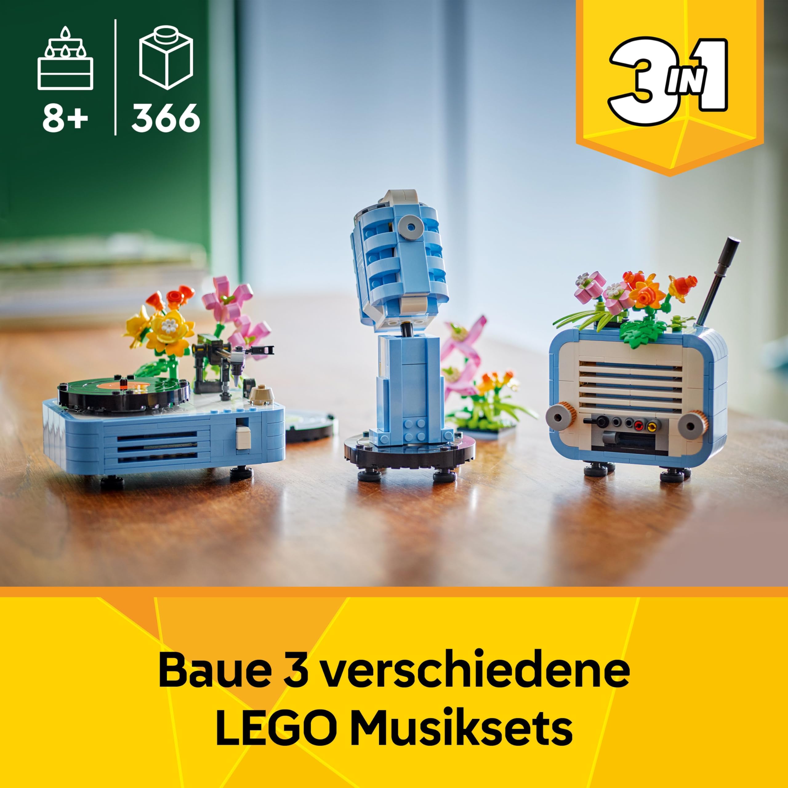 LEGO Creator 3in1 Record Player with Flowers Building Toy - Rebuilds Into a Radio Model or Microphone - Music Toys for 8+ Year Old Girls & Boys - Creative Gift Idea - 31172 2