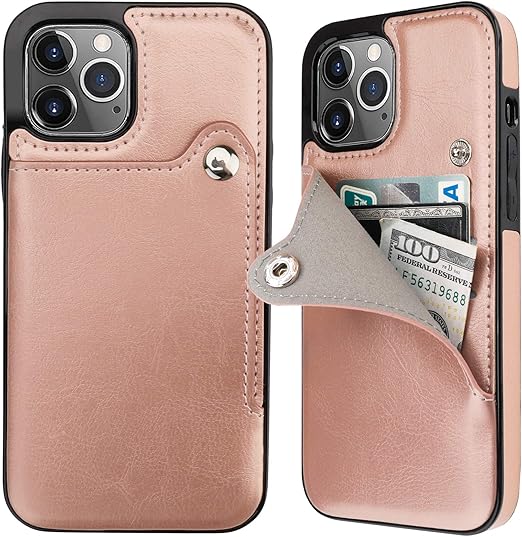 Amazon Com Onetop Compatible With Iphone 12 Pro Max Slim Wallet Case With Credit Card Holder Pu Leather Button Closure Kickstand Protective Shockproof Cover 6 7 Inch Rose Gold
