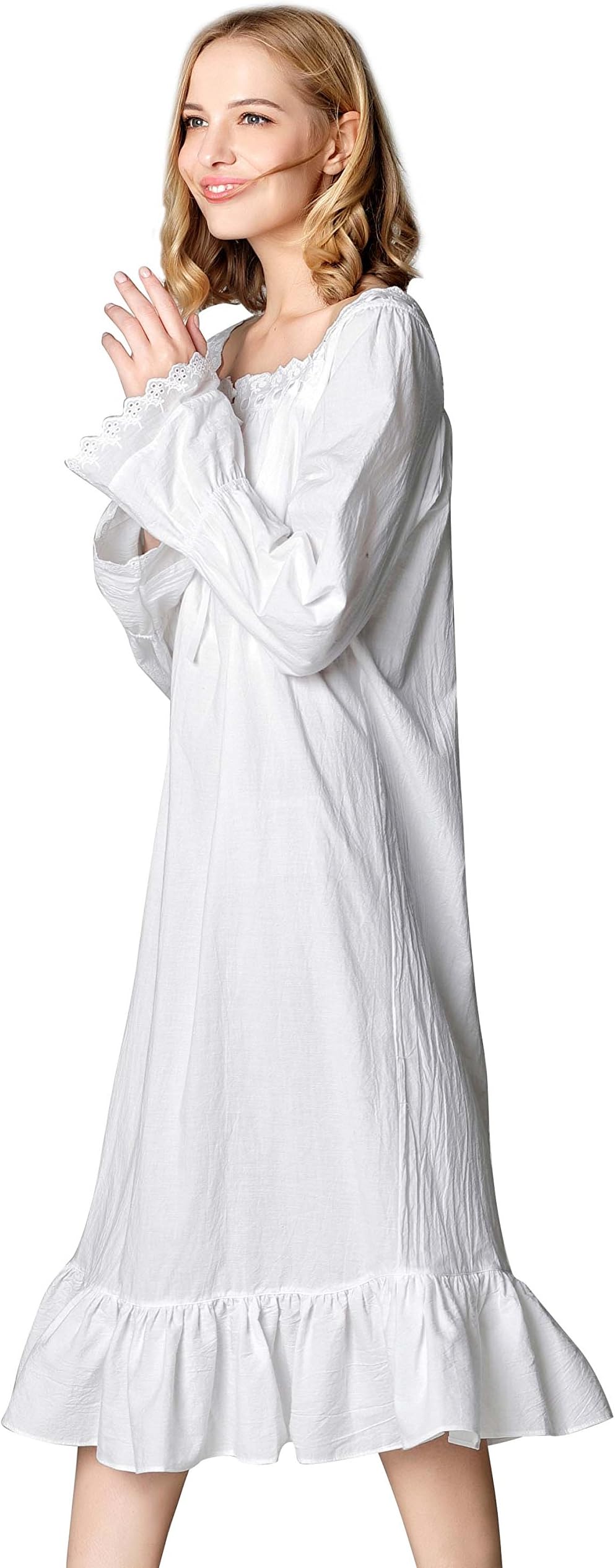 Mamamiya Women's Cotton Long Sleeve Sleepwear Victorian-Style Nightgown With Lace Trim (L, White)