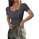 PRETTYGARDEN Women's 2026 Fall Summer Short Sleeve Tops Ribbed Henley Button Slim Fit Basic Casual T Shirts Blouse Clothing
