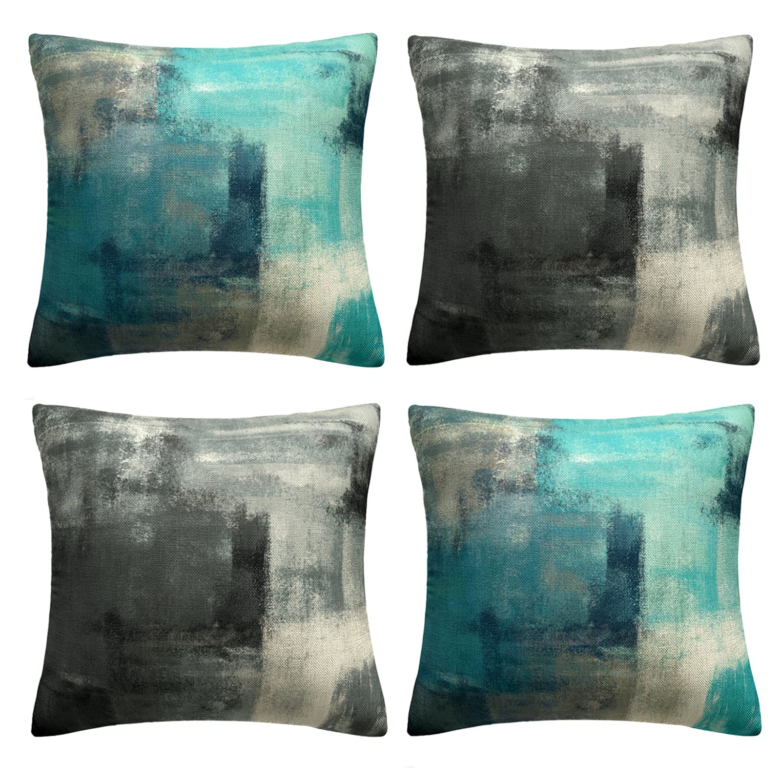 OCEUMACO Linen Cushion Covers 45 x 45 cm Sofa Living Room Set of 4 Square Teal Black Abstract Throw Pillow Cases 18x18 Inches Outdoor Art Deco Pillowcases Cushions Cover - Turquoise Grey